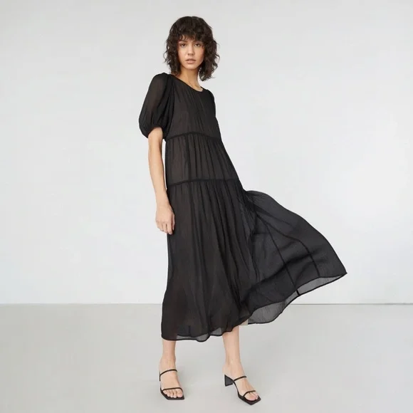 Oak + Fort Puff Sleeve Tiered Midi Maxi Dress Size Large Black - Picture 14 of 14